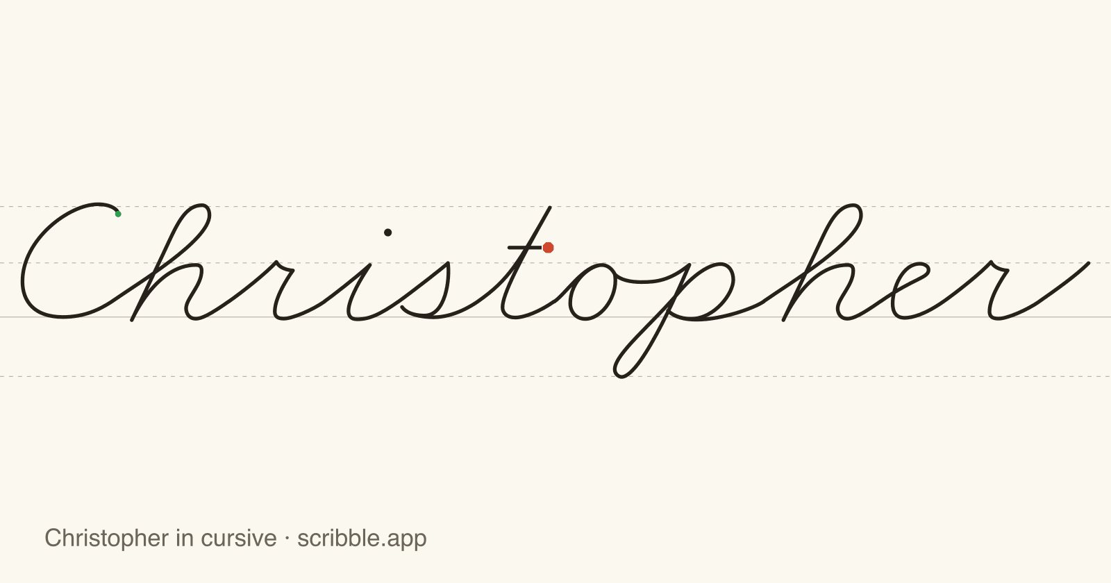 Christopher written in cursive on handwriting guidelines, with a green starting dot and a red stop sign