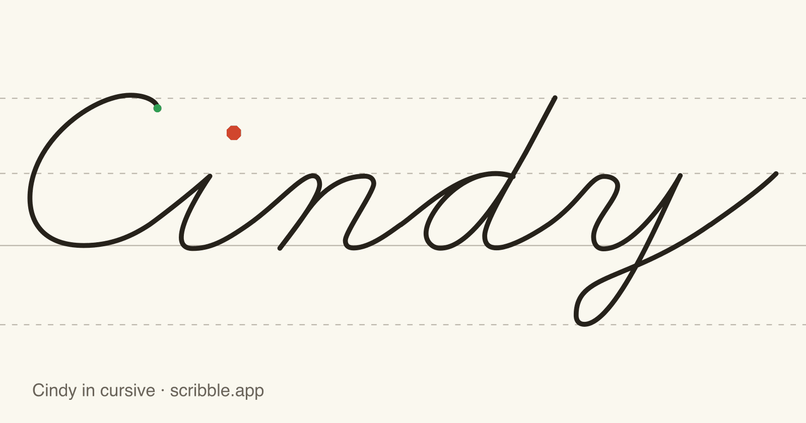 Cindy written in cursive on handwriting guidelines, with a green starting dot and a red stop sign