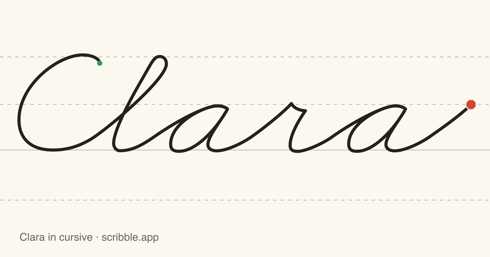Clara written in cursive on handwriting guidelines, with a green starting dot and a red stop sign