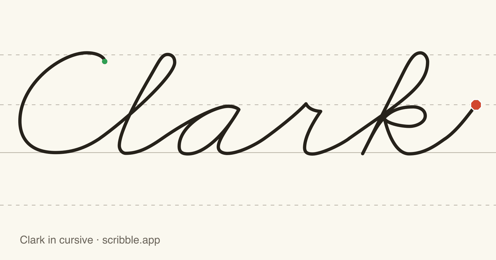 Clark written in cursive on handwriting guidelines, with a green starting dot and a red stop sign
