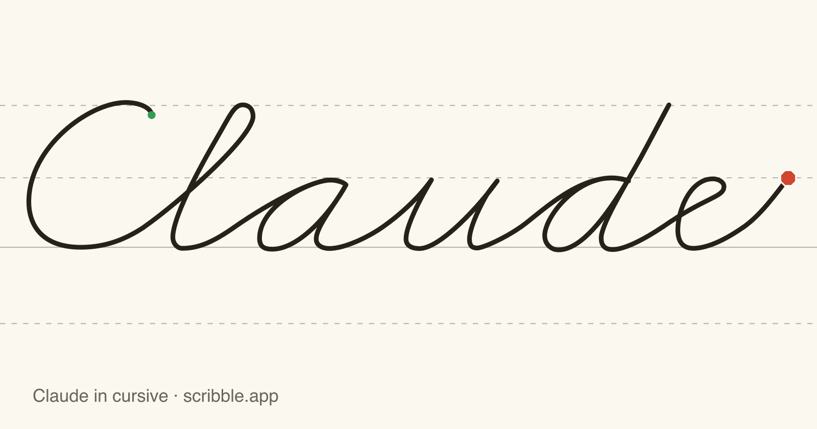 Claude written in cursive on handwriting guidelines, with a green starting dot and a red stop sign