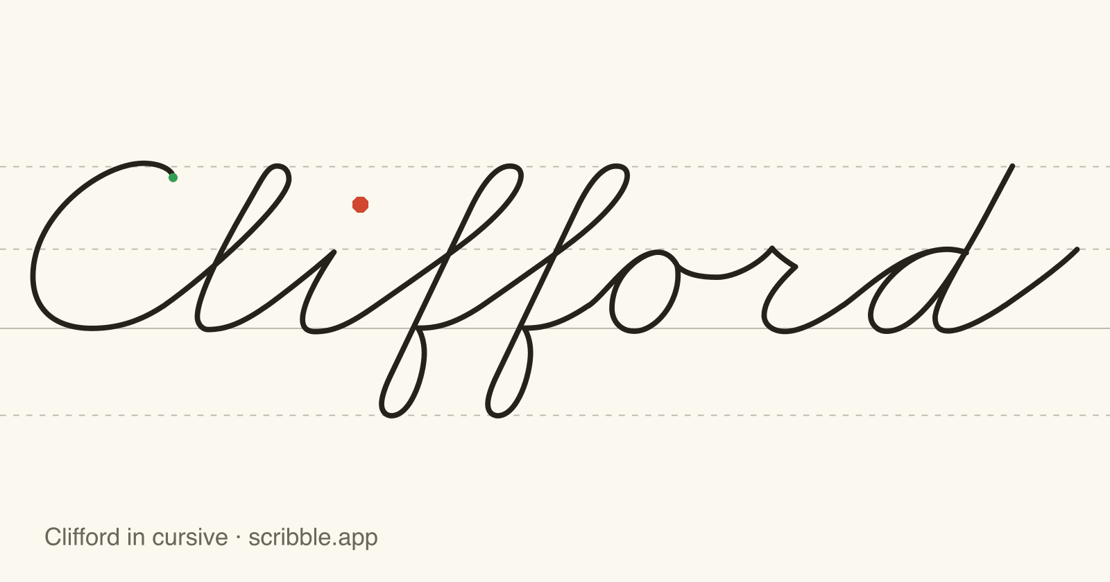 Clifford written in cursive on handwriting guidelines, with a green starting dot and a red stop sign