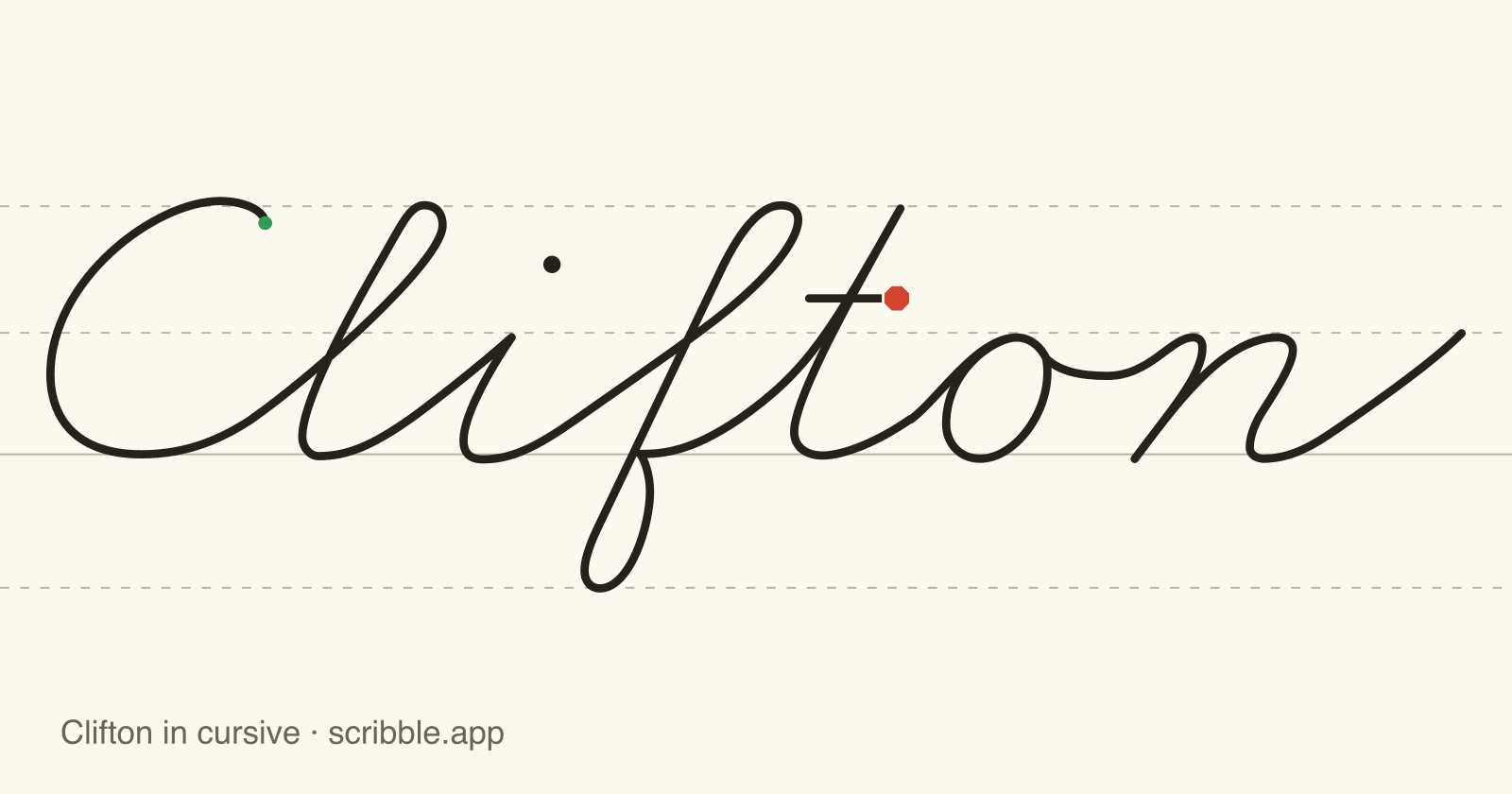 Clifton written in cursive on handwriting guidelines, with a green starting dot and a red stop sign