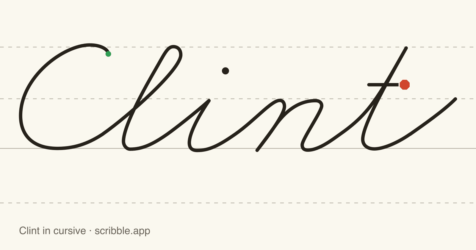 Clint written in cursive on handwriting guidelines, with a green starting dot and a red stop sign