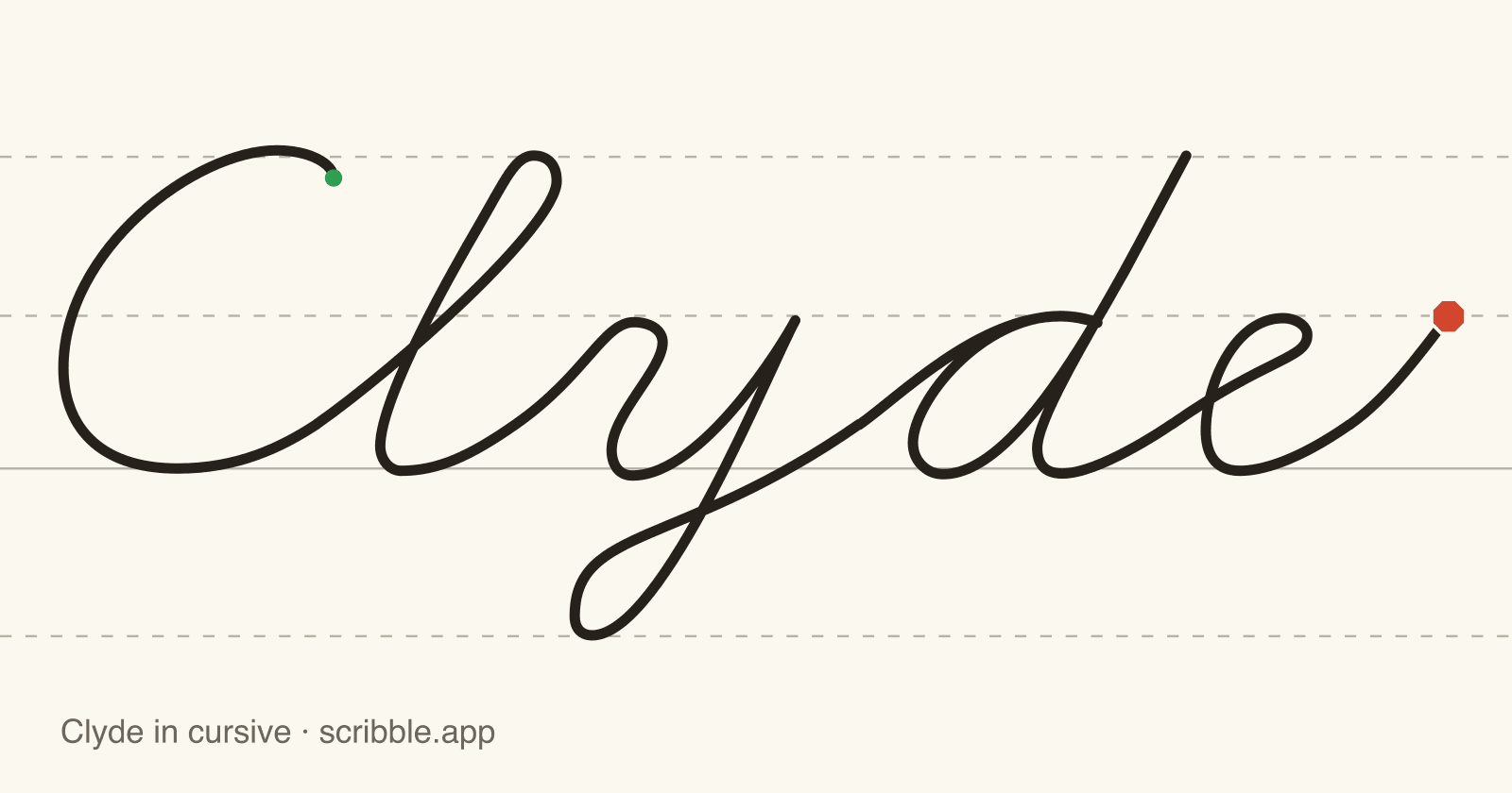 Clyde written in cursive on handwriting guidelines, with a green starting dot and a red stop sign