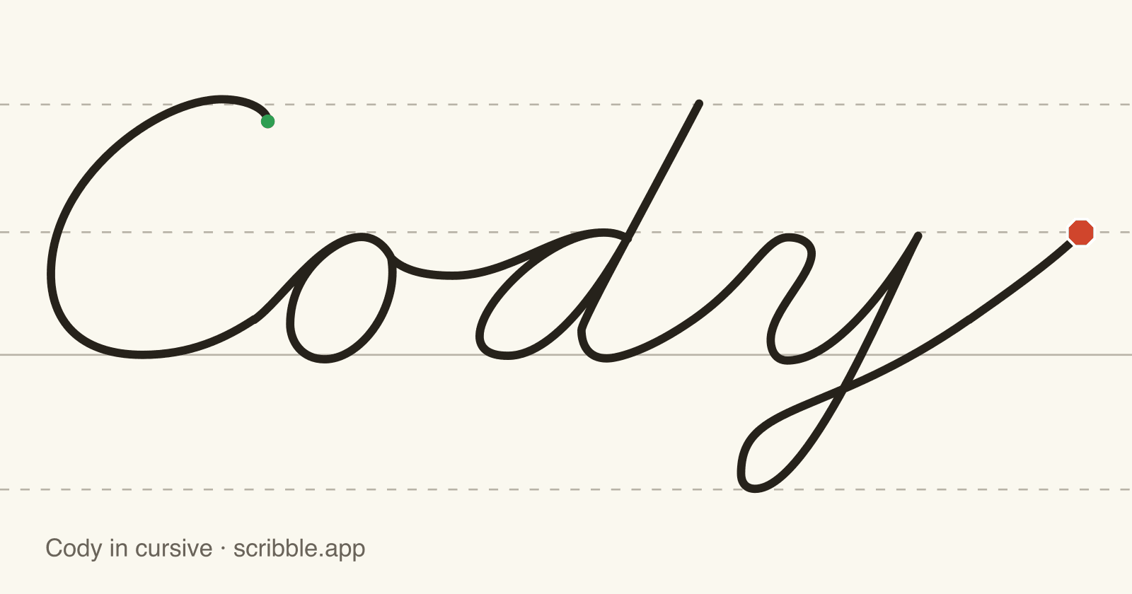 Cody written in cursive on handwriting guidelines, with a green starting dot and a red stop sign