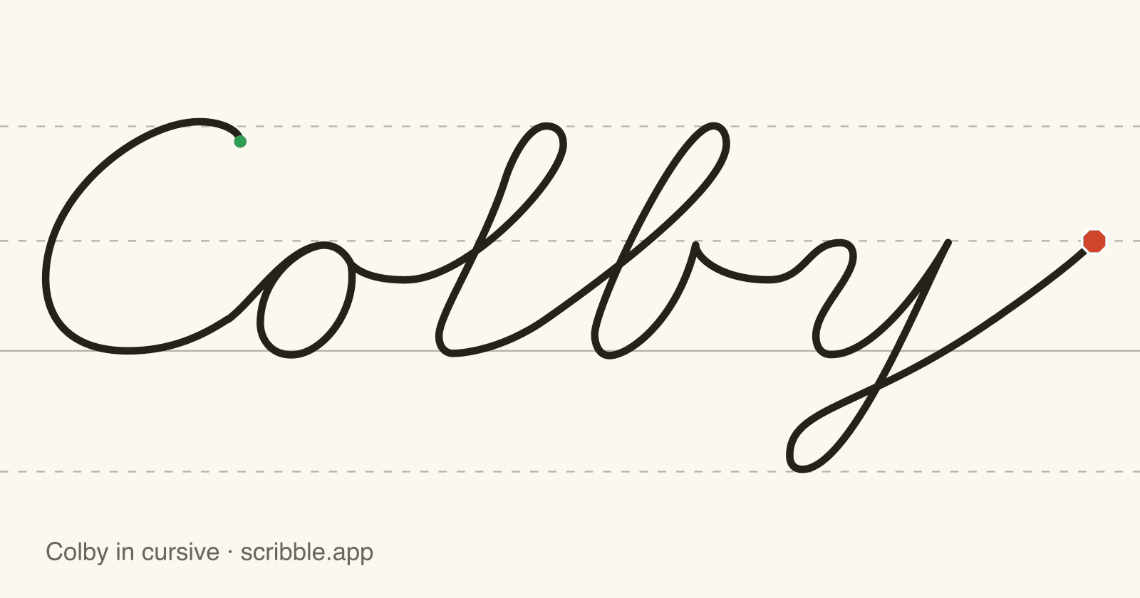 Colby written in cursive on handwriting guidelines, with a green starting dot and a red stop sign