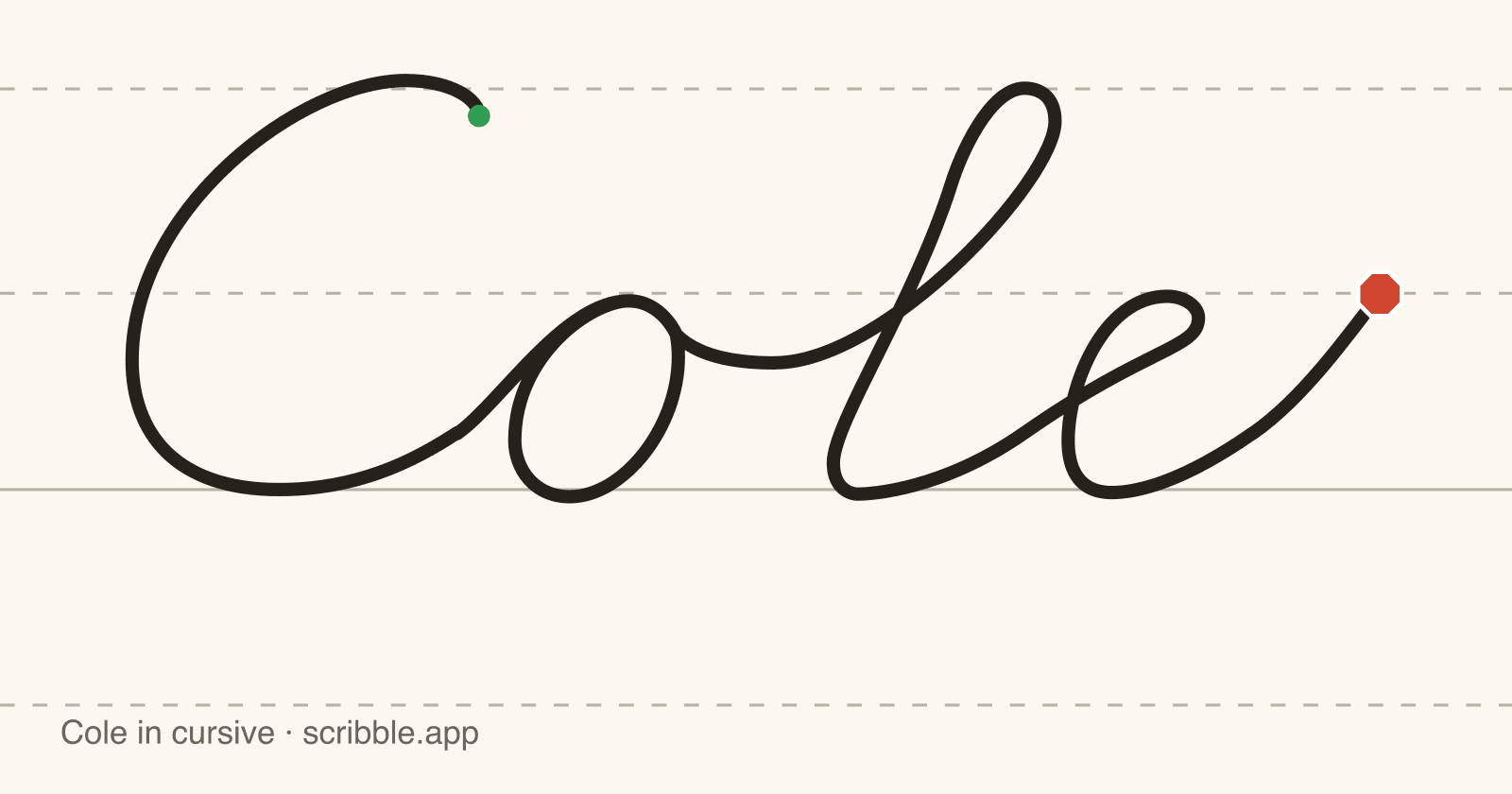 Cole written in cursive on handwriting guidelines, with a green starting dot and a red stop sign