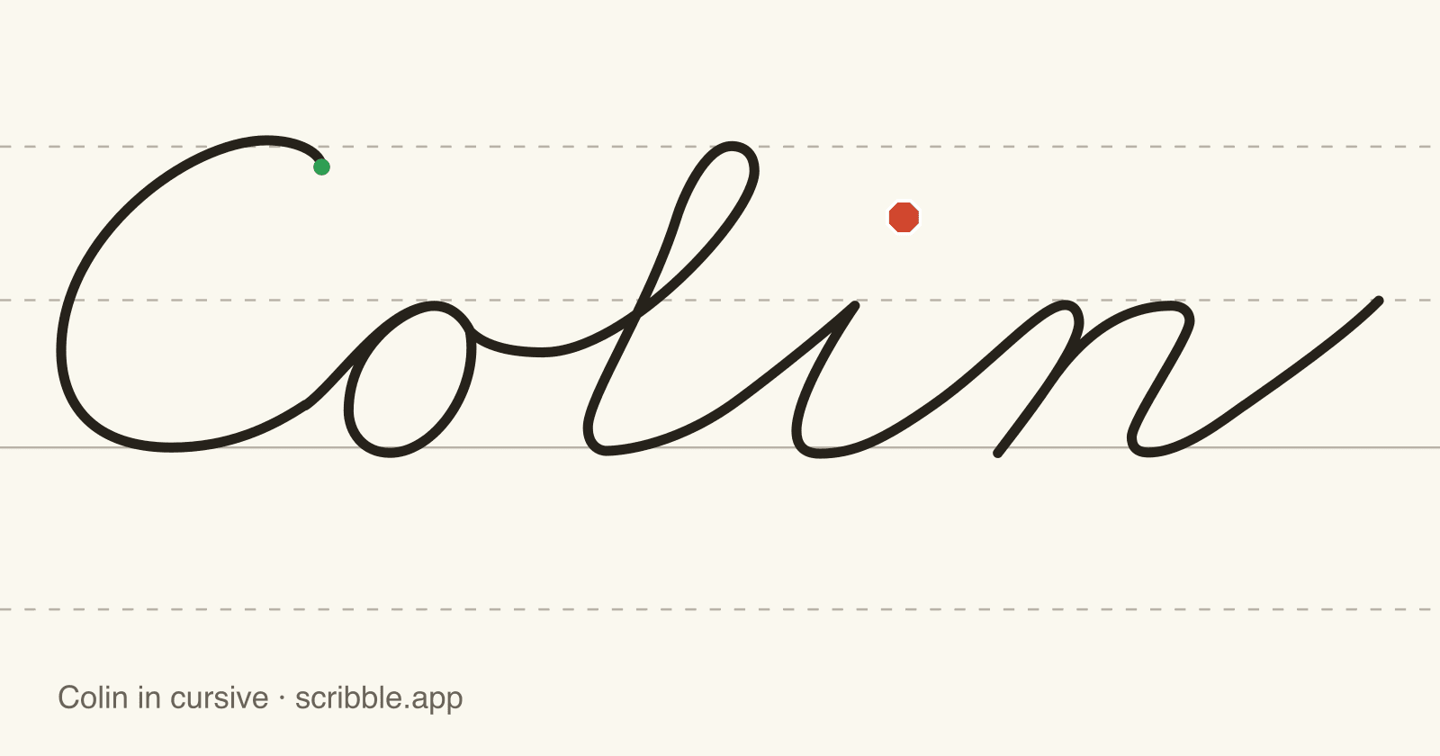 Colin written in cursive on handwriting guidelines, with a green starting dot and a red stop sign
