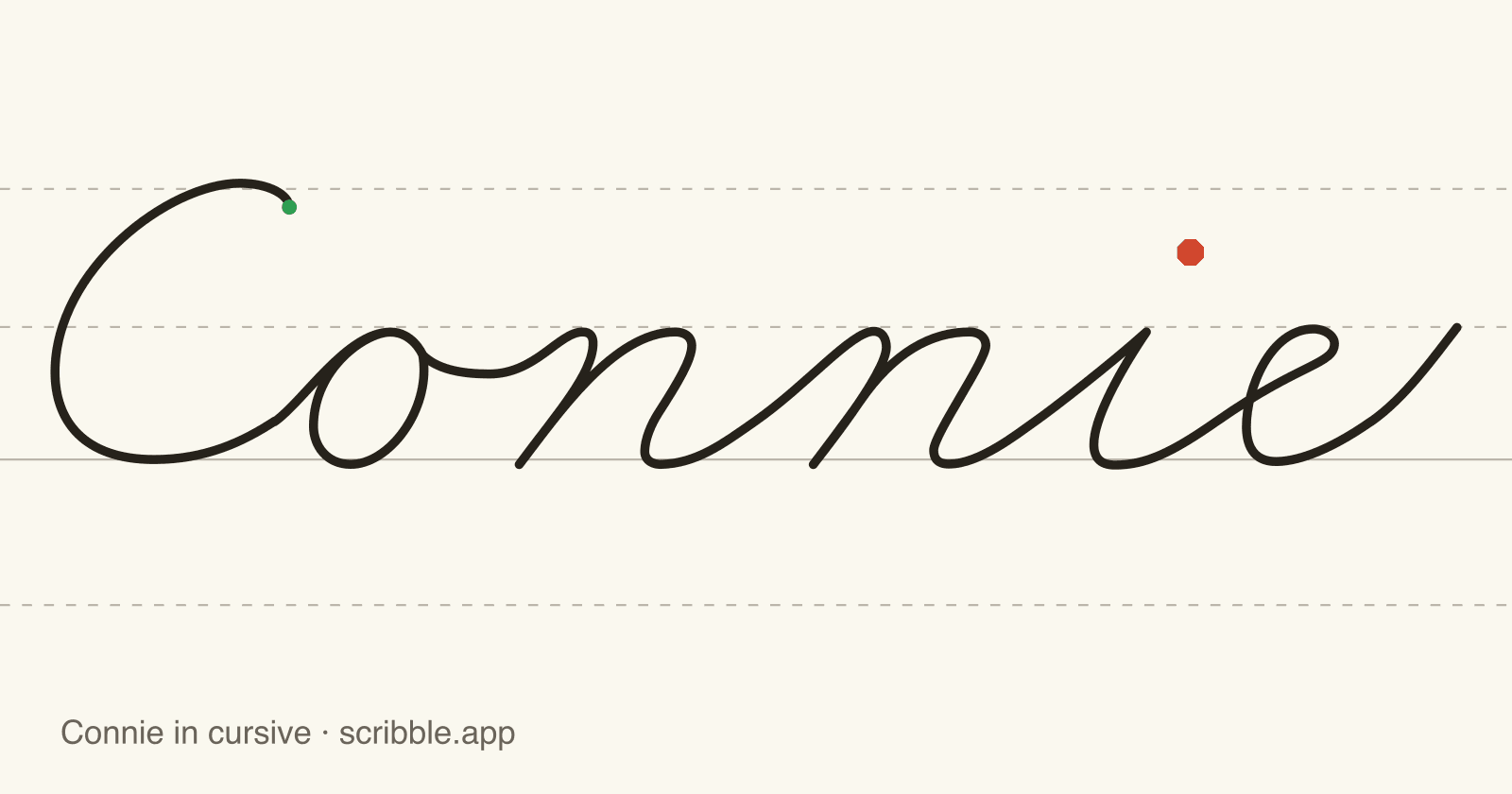 Connie written in cursive on handwriting guidelines, with a green starting dot and a red stop sign