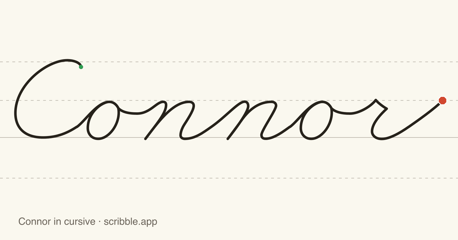 Connor written in cursive on handwriting guidelines, with a green starting dot and a red stop sign