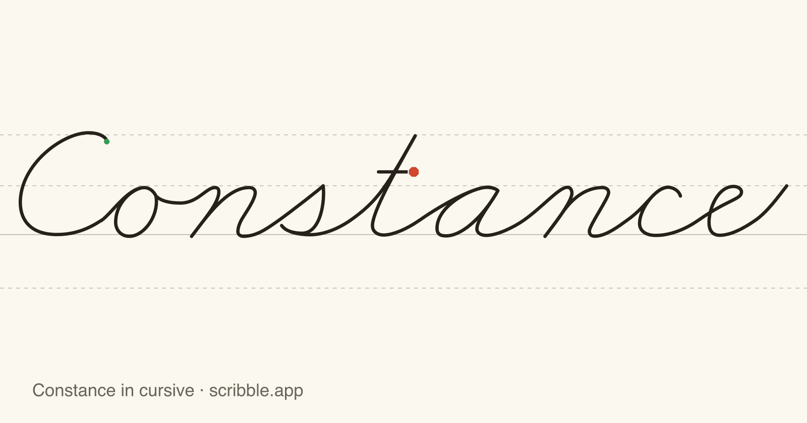 Constance written in cursive on handwriting guidelines, with a green starting dot and a red stop sign