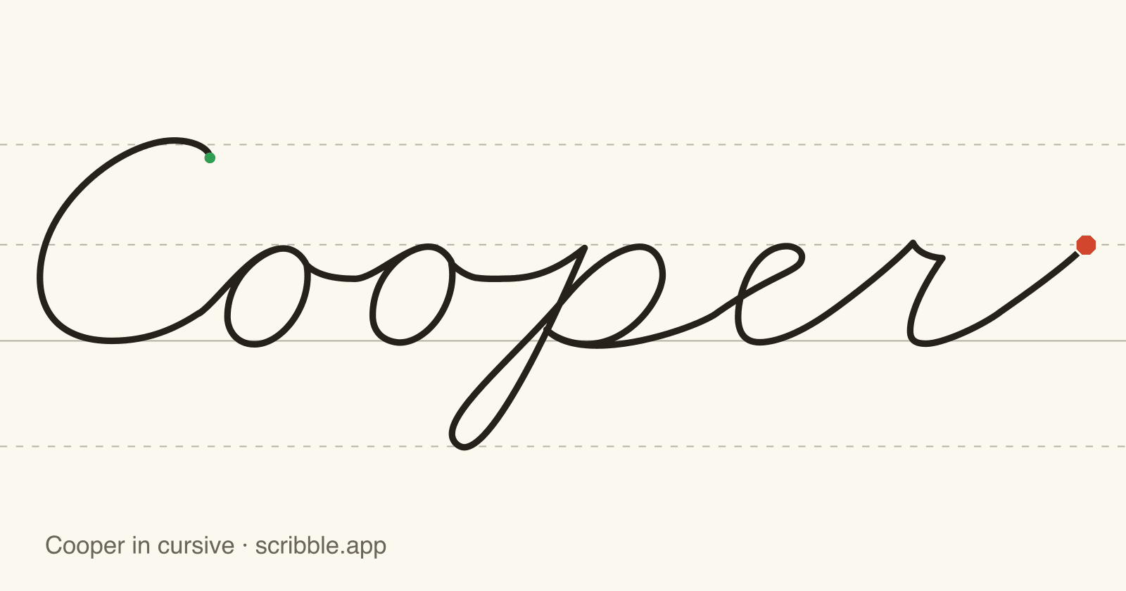 Cooper written in cursive on handwriting guidelines, with a green starting dot and a red stop sign