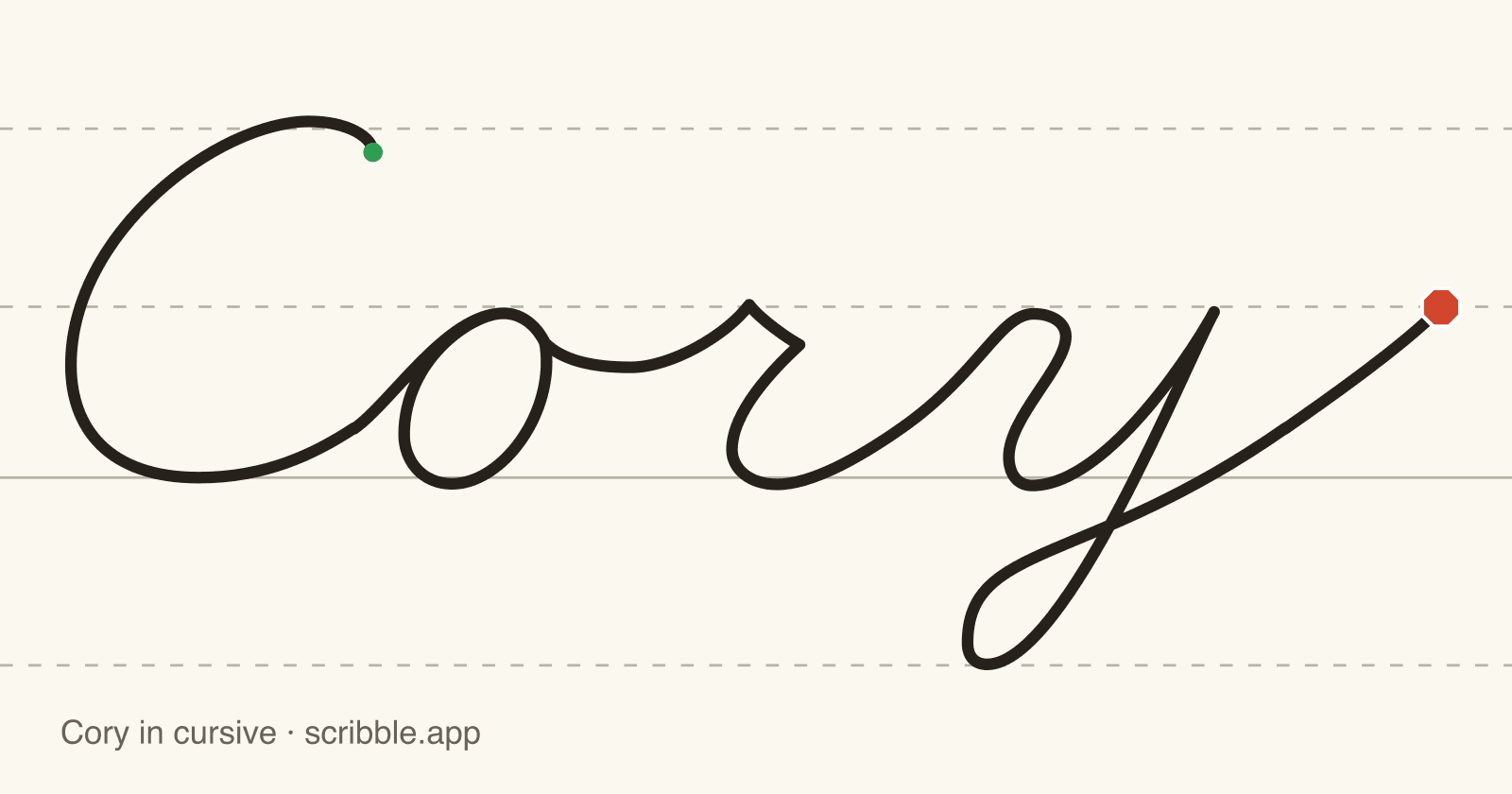 Cory written in cursive on handwriting guidelines, with a green starting dot and a red stop sign