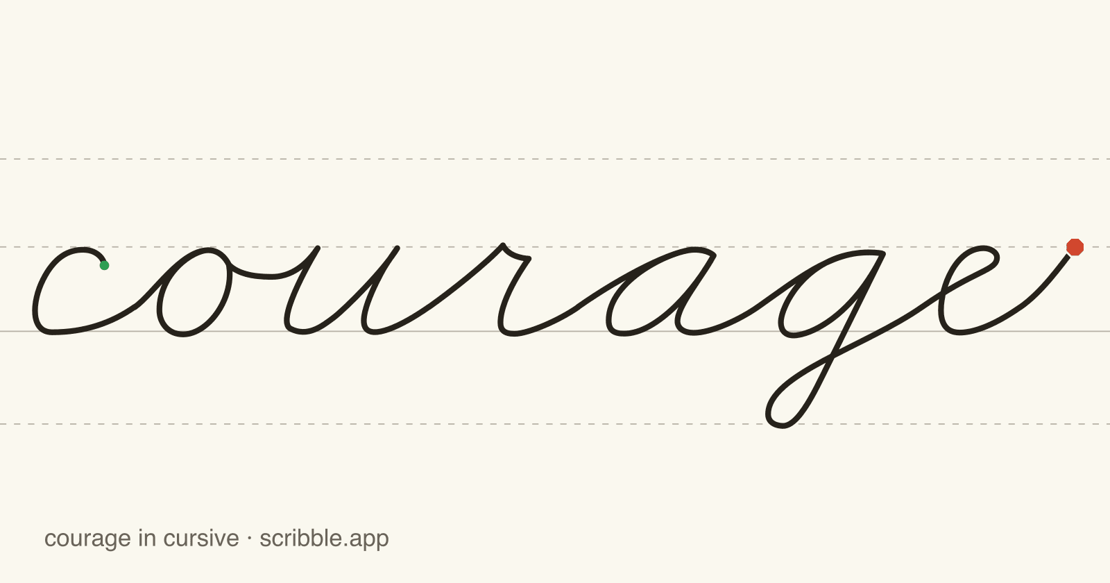 courage written in cursive on handwriting guidelines, with a green starting dot and a red stop sign