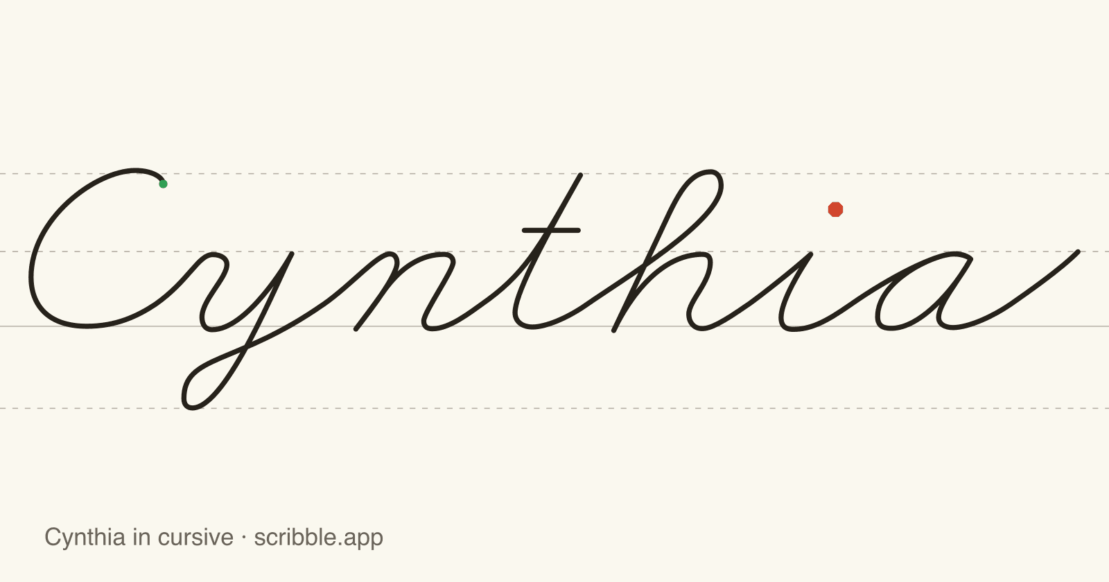 Cynthia written in cursive on handwriting guidelines, with a green starting dot and a red stop sign