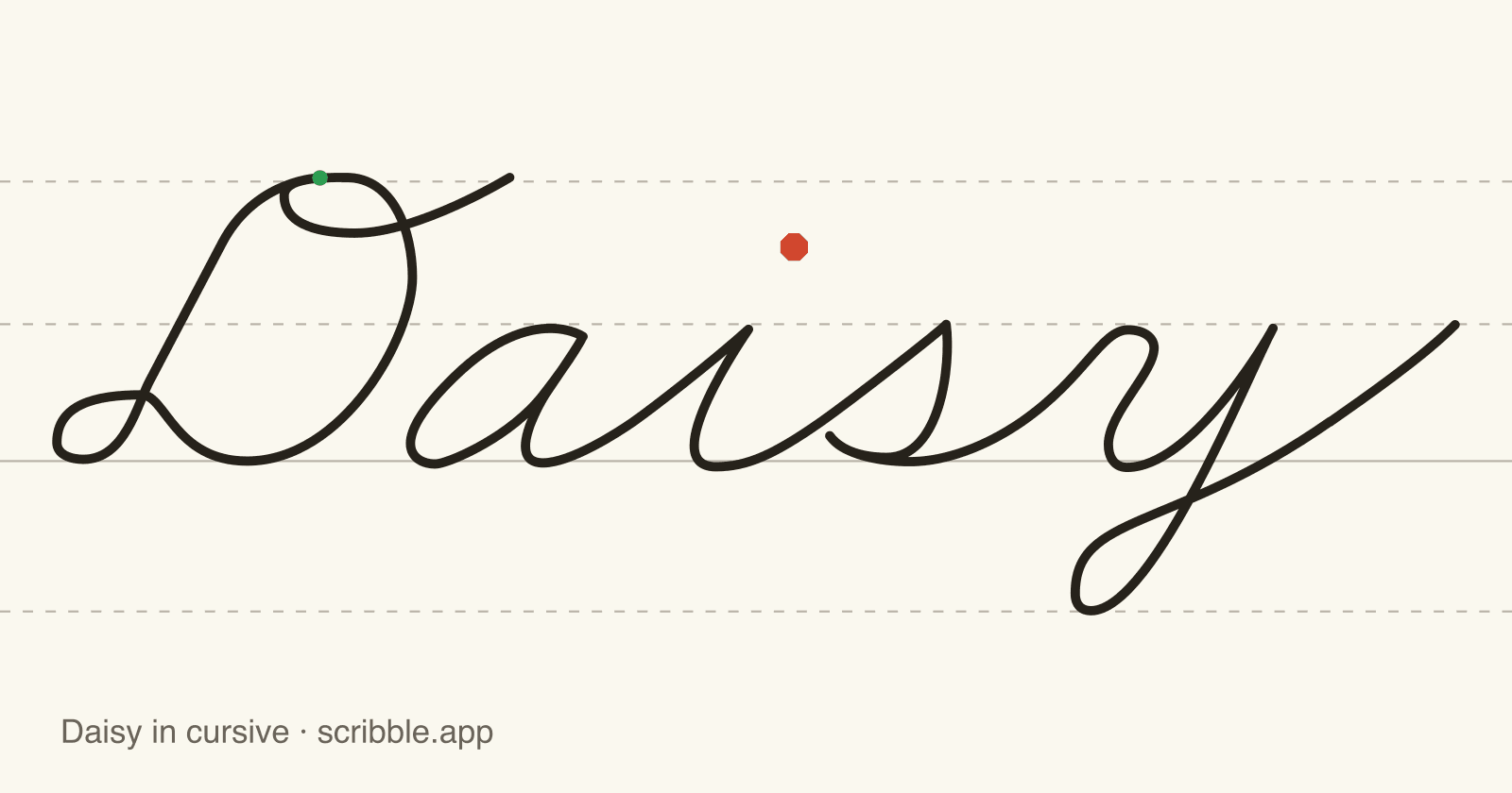 Daisy written in cursive on handwriting guidelines, with a green starting dot and a red stop sign