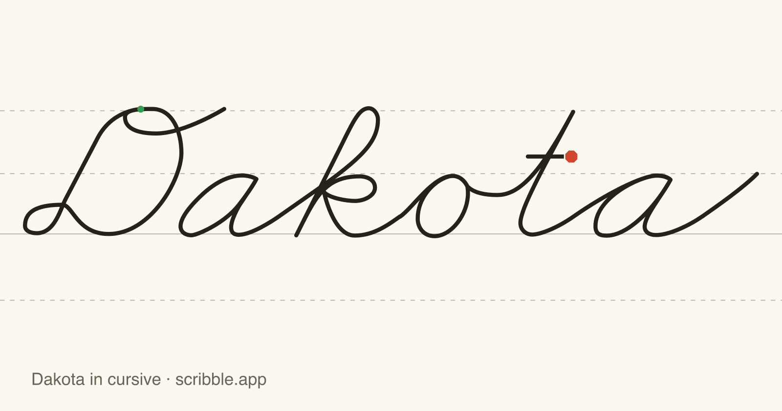 Dakota written in cursive on handwriting guidelines, with a green starting dot and a red stop sign