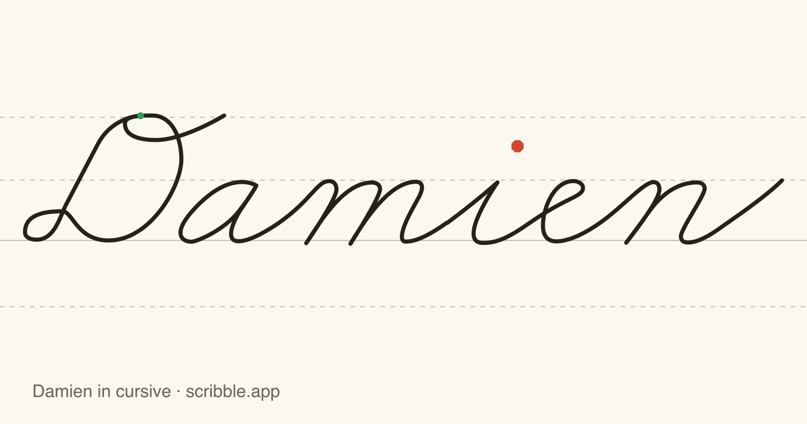 Damien written in cursive on handwriting guidelines, with a green starting dot and a red stop sign