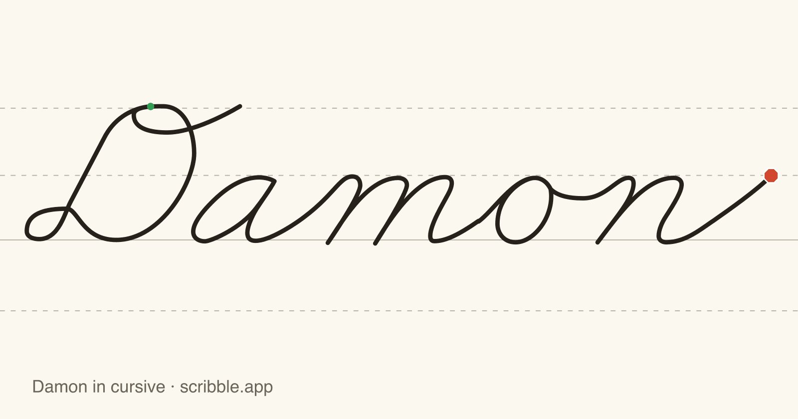 Damon written in cursive on handwriting guidelines, with a green starting dot and a red stop sign