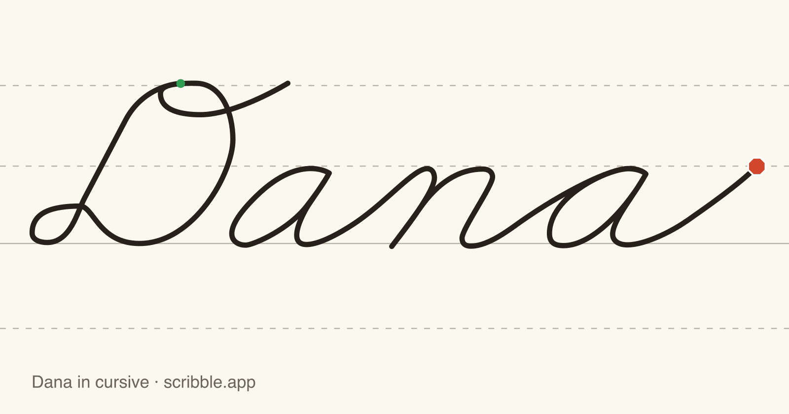 Dana written in cursive on handwriting guidelines, with a green starting dot and a red stop sign