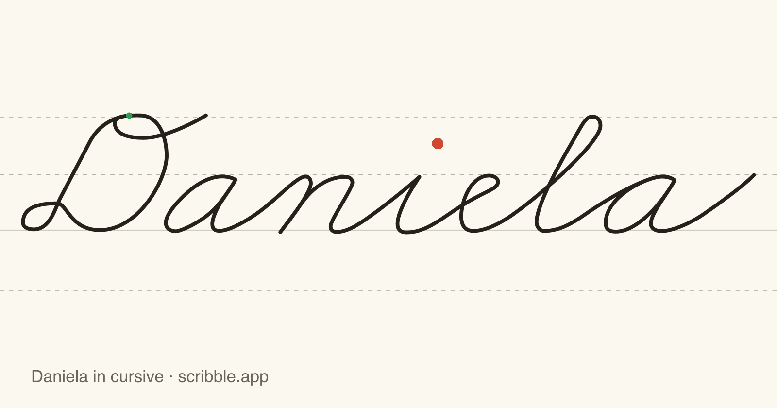 Daniela written in cursive on handwriting guidelines, with a green starting dot and a red stop sign