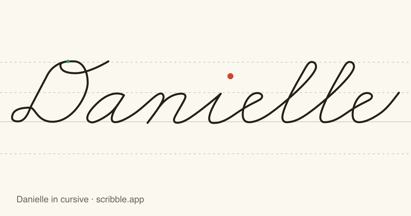 Danielle written in cursive on handwriting guidelines, with a green starting dot and a red stop sign