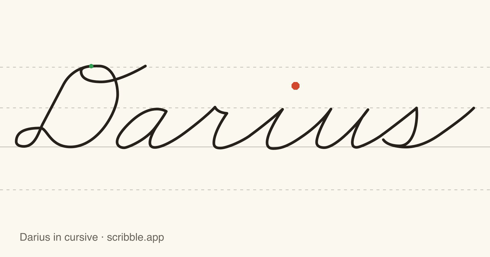 Darius written in cursive on handwriting guidelines, with a green starting dot and a red stop sign