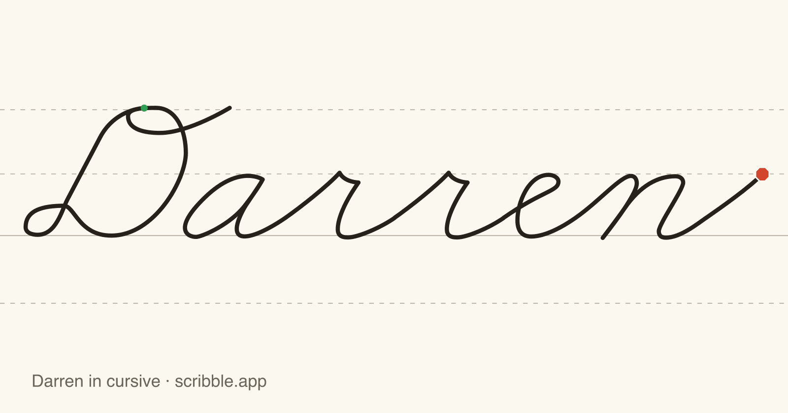 Darren written in cursive on handwriting guidelines, with a green starting dot and a red stop sign