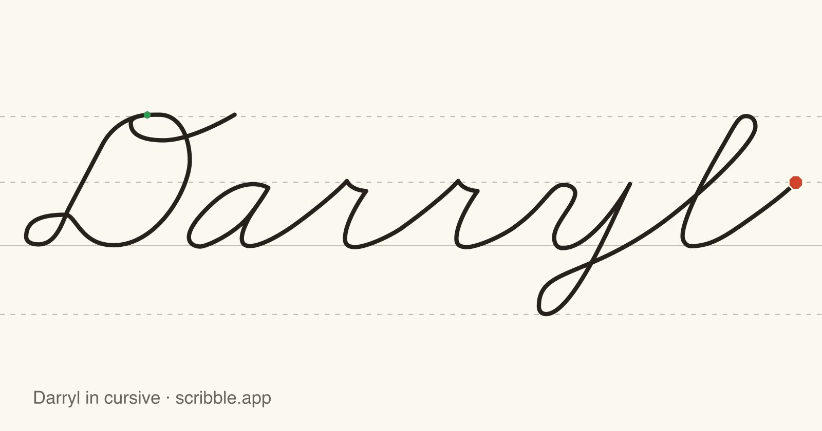 Darryl written in cursive on handwriting guidelines, with a green starting dot and a red stop sign