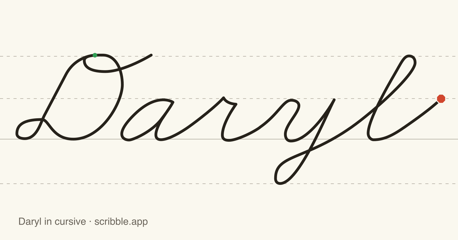 Daryl written in cursive on handwriting guidelines, with a green starting dot and a red stop sign