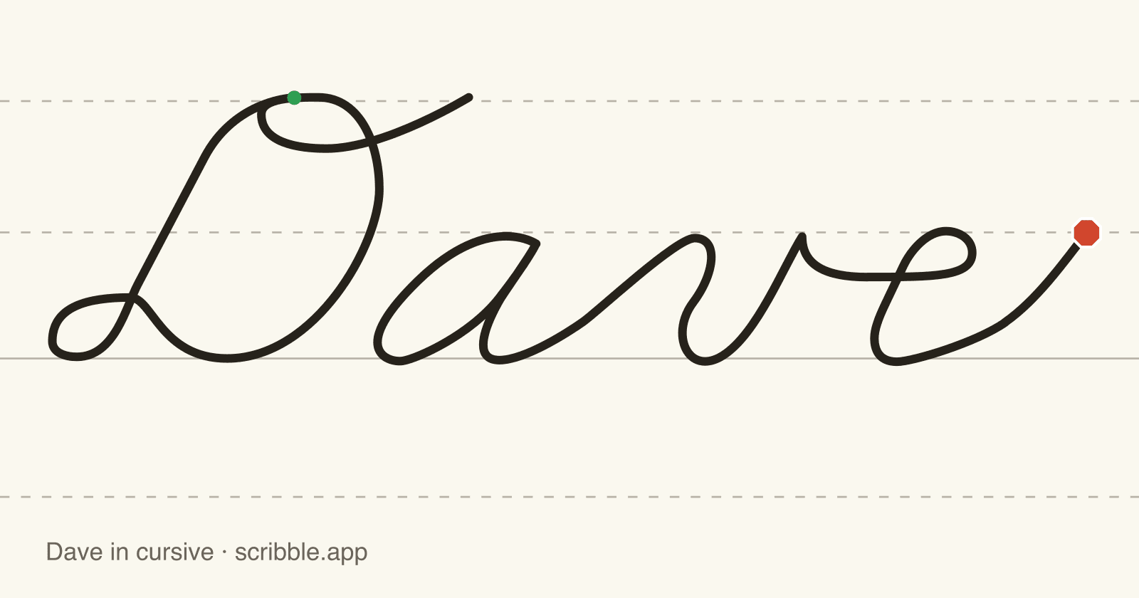 Dave written in cursive on handwriting guidelines, with a green starting dot and a red stop sign