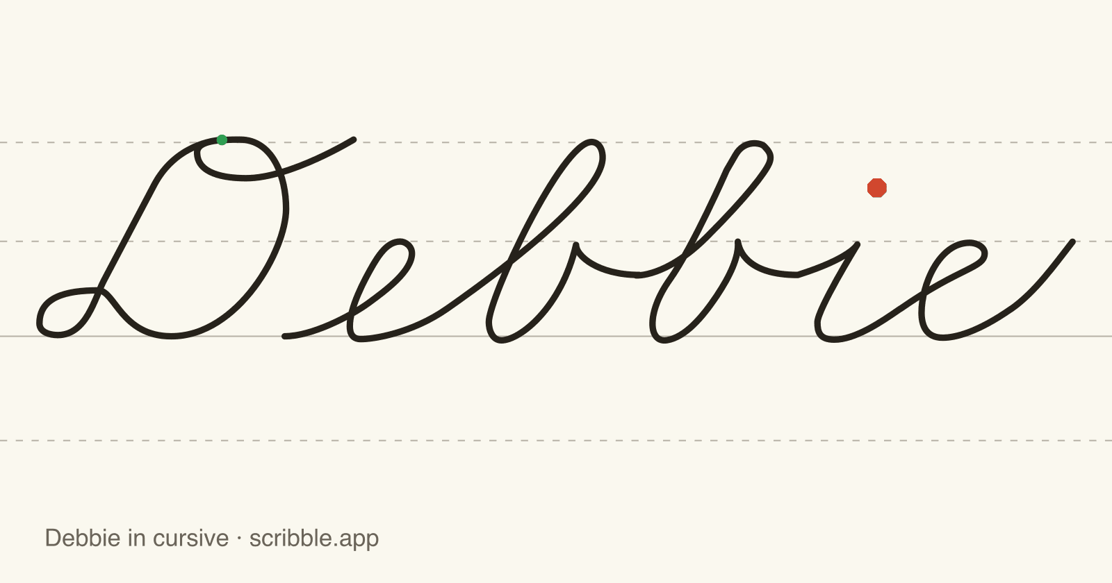 Debbie written in cursive on handwriting guidelines, with a green starting dot and a red stop sign