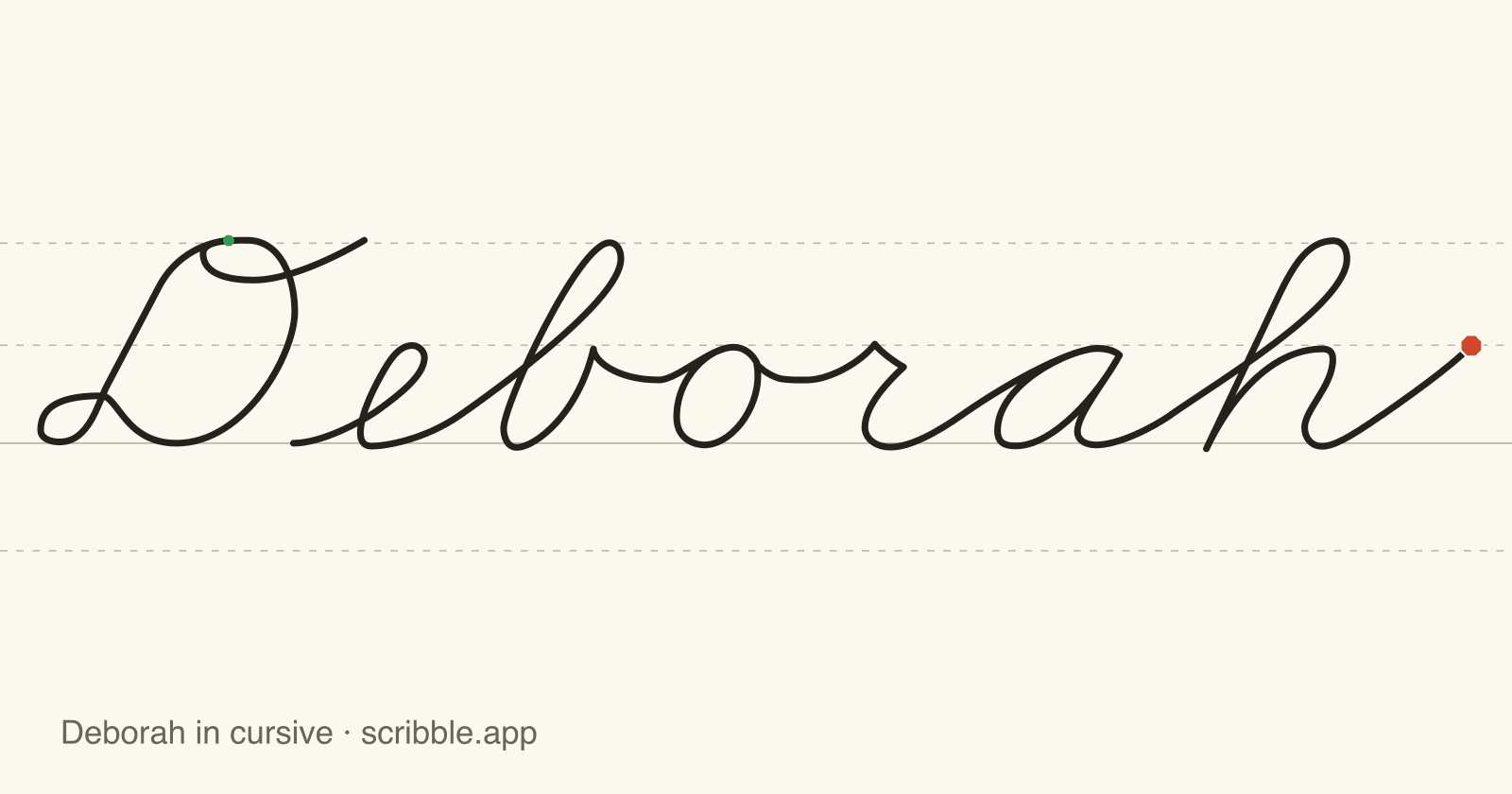 Deborah written in cursive on handwriting guidelines, with a green starting dot and a red stop sign