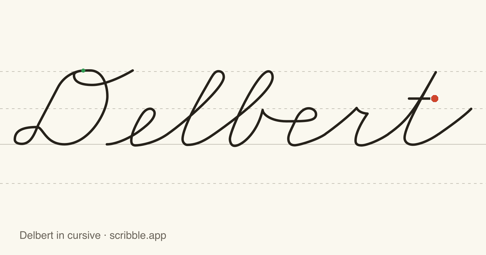 Delbert written in cursive on handwriting guidelines, with a green starting dot and a red stop sign