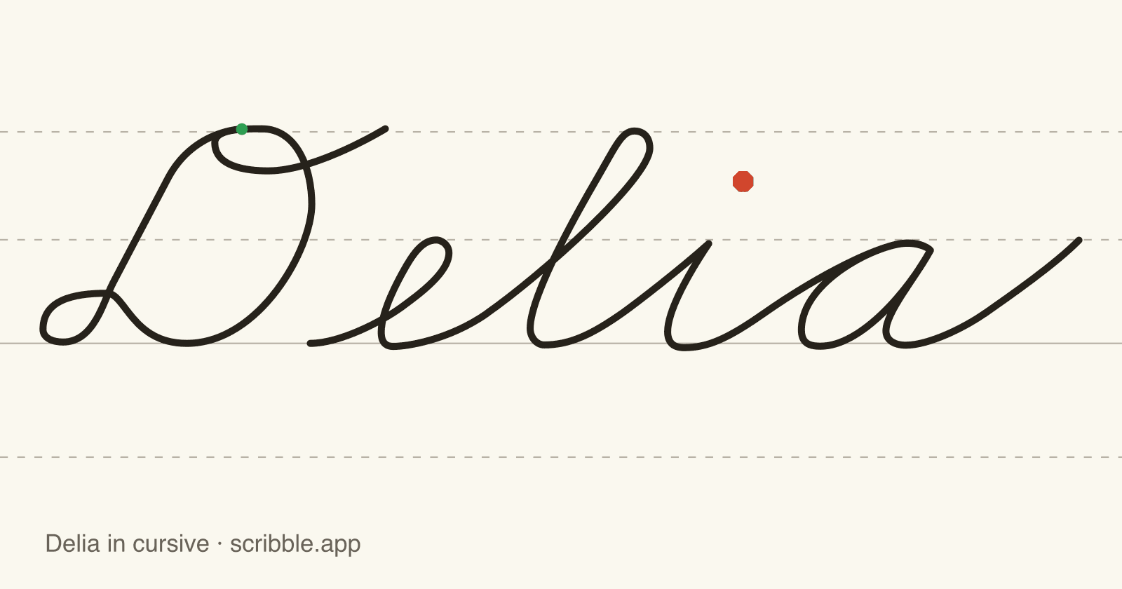 Delia written in cursive on handwriting guidelines, with a green starting dot and a red stop sign