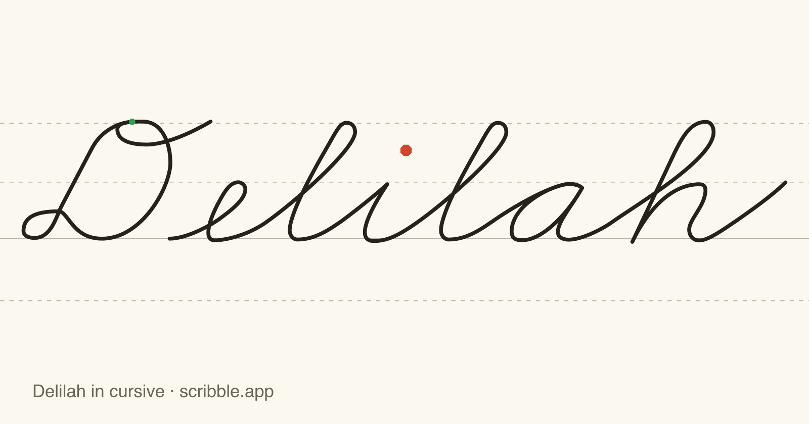 Delilah written in cursive on handwriting guidelines, with a green starting dot and a red stop sign