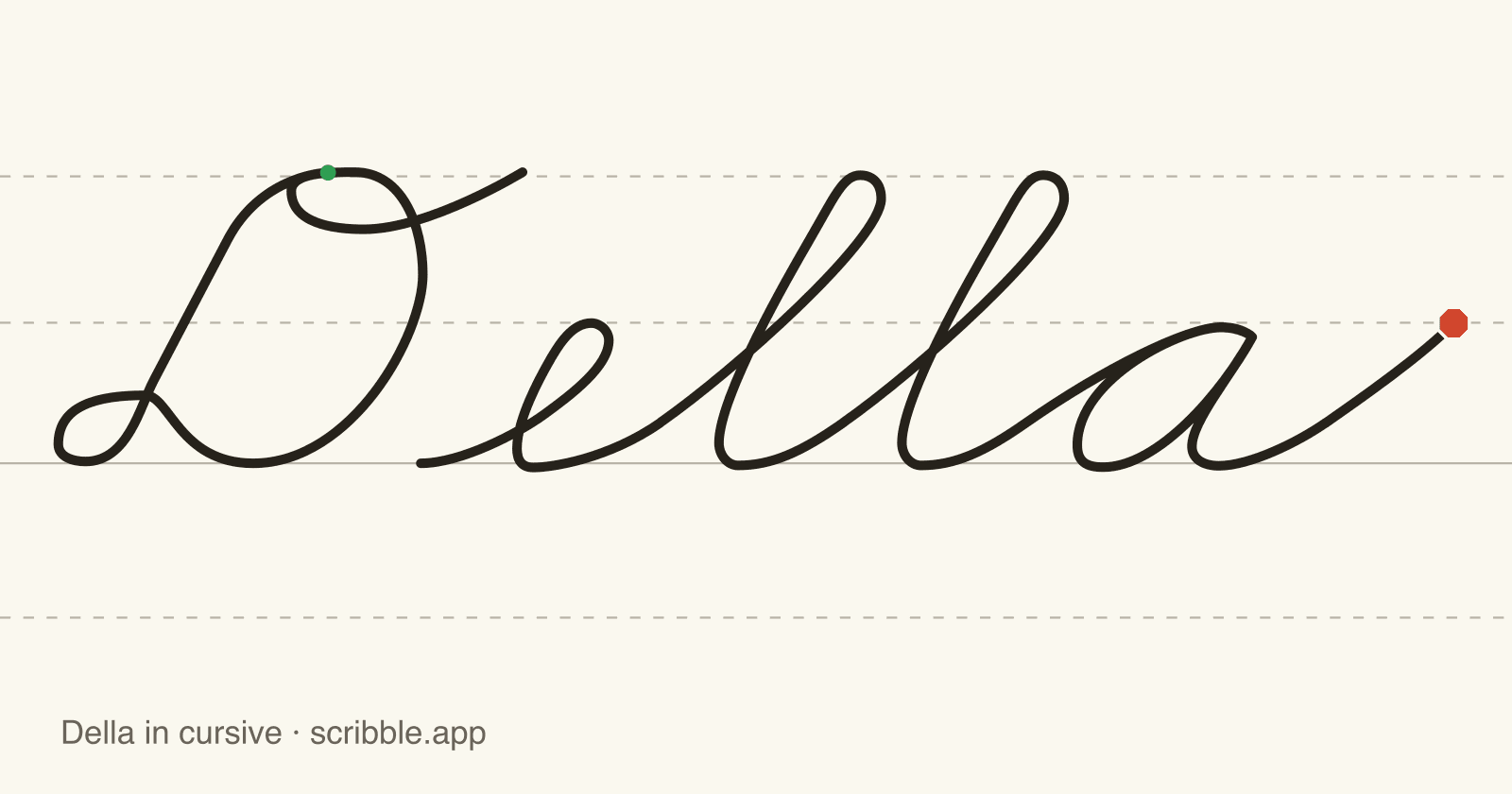 Della written in cursive on handwriting guidelines, with a green starting dot and a red stop sign
