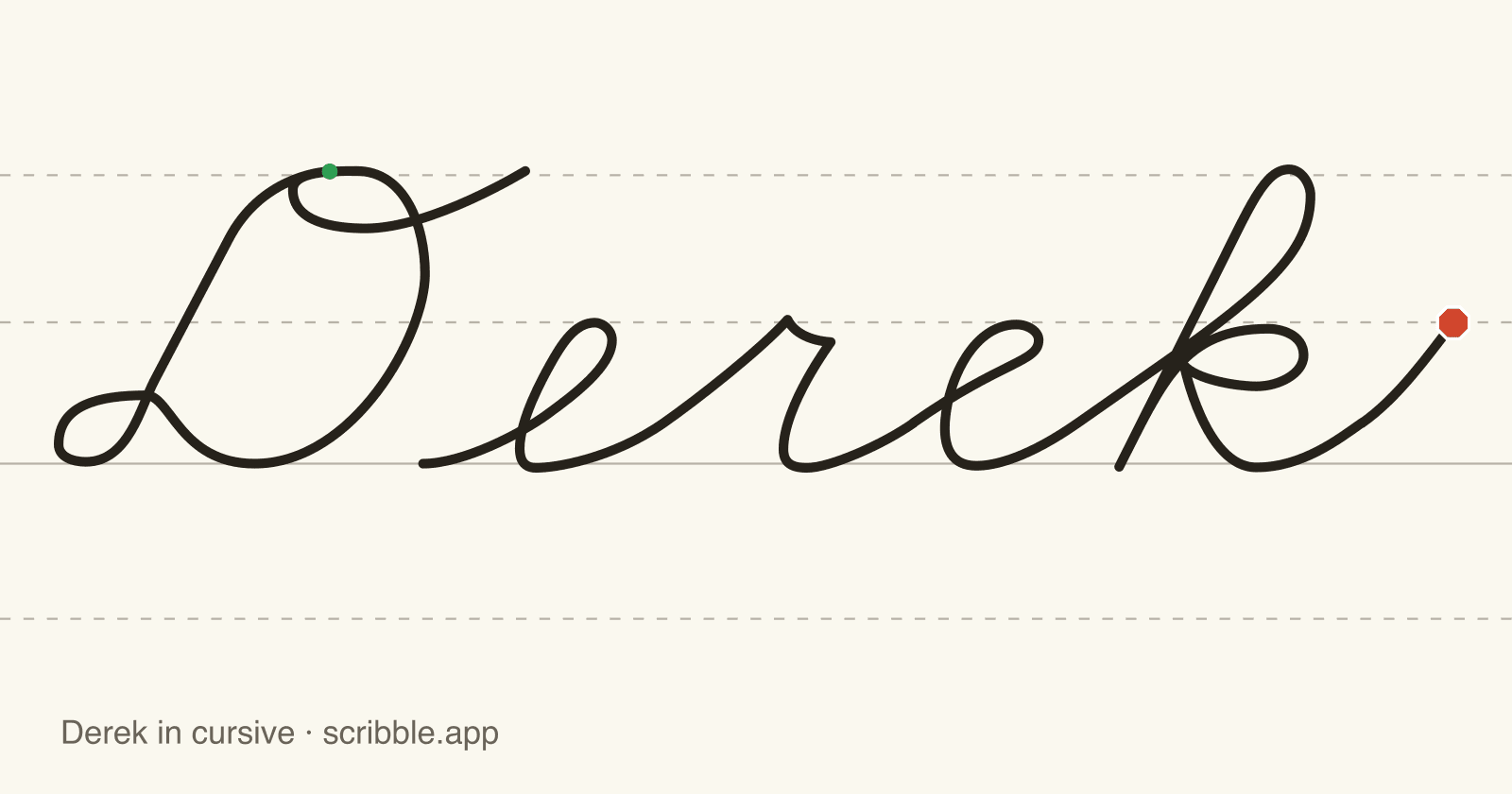 Derek written in cursive on handwriting guidelines, with a green starting dot and a red stop sign