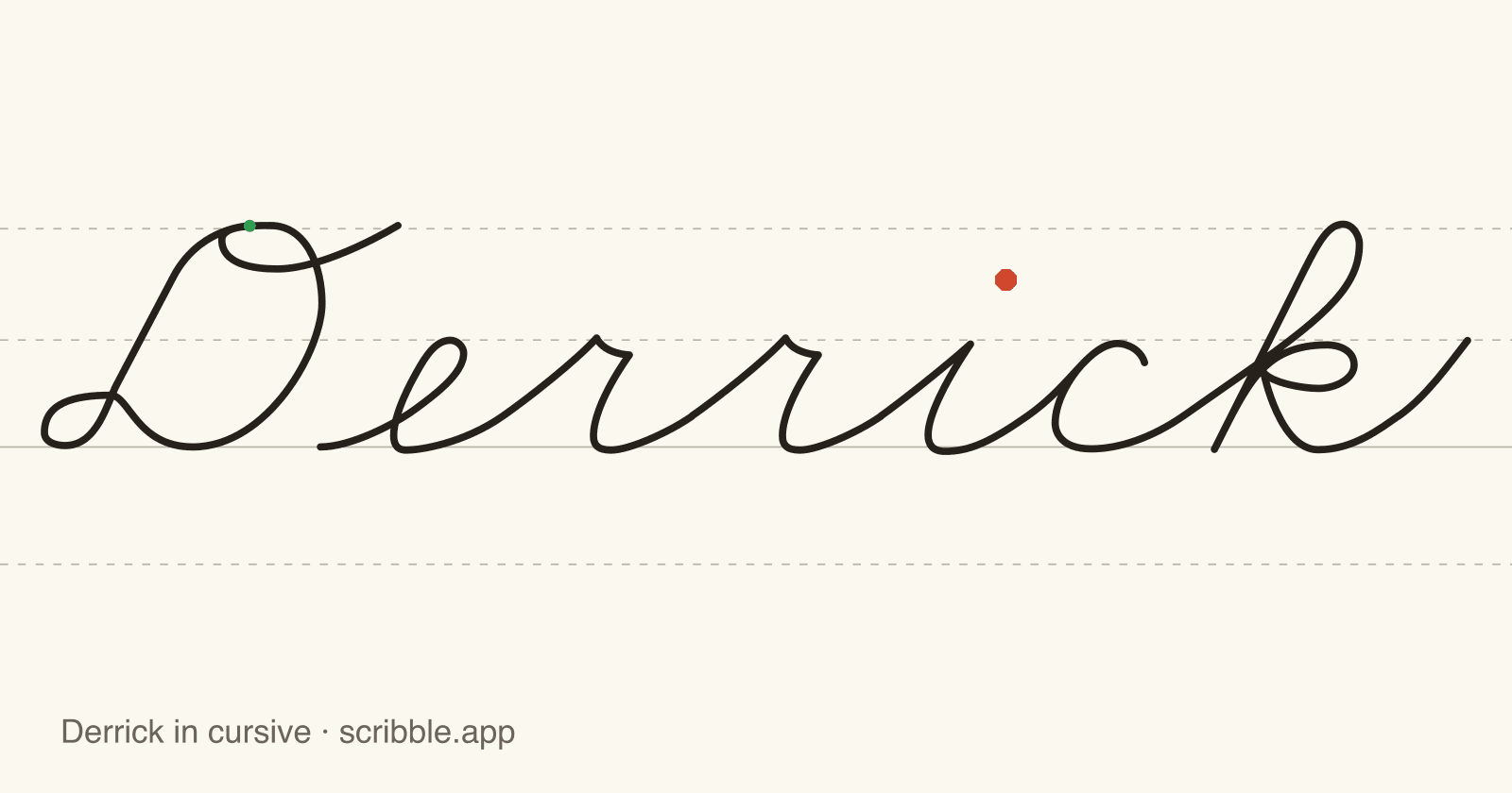 Derrick written in cursive on handwriting guidelines, with a green starting dot and a red stop sign