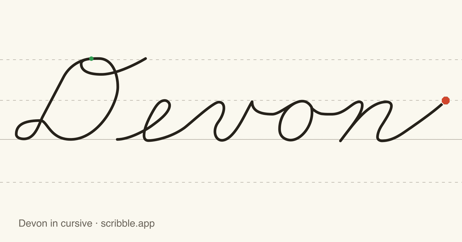 Devon written in cursive on handwriting guidelines, with a green starting dot and a red stop sign