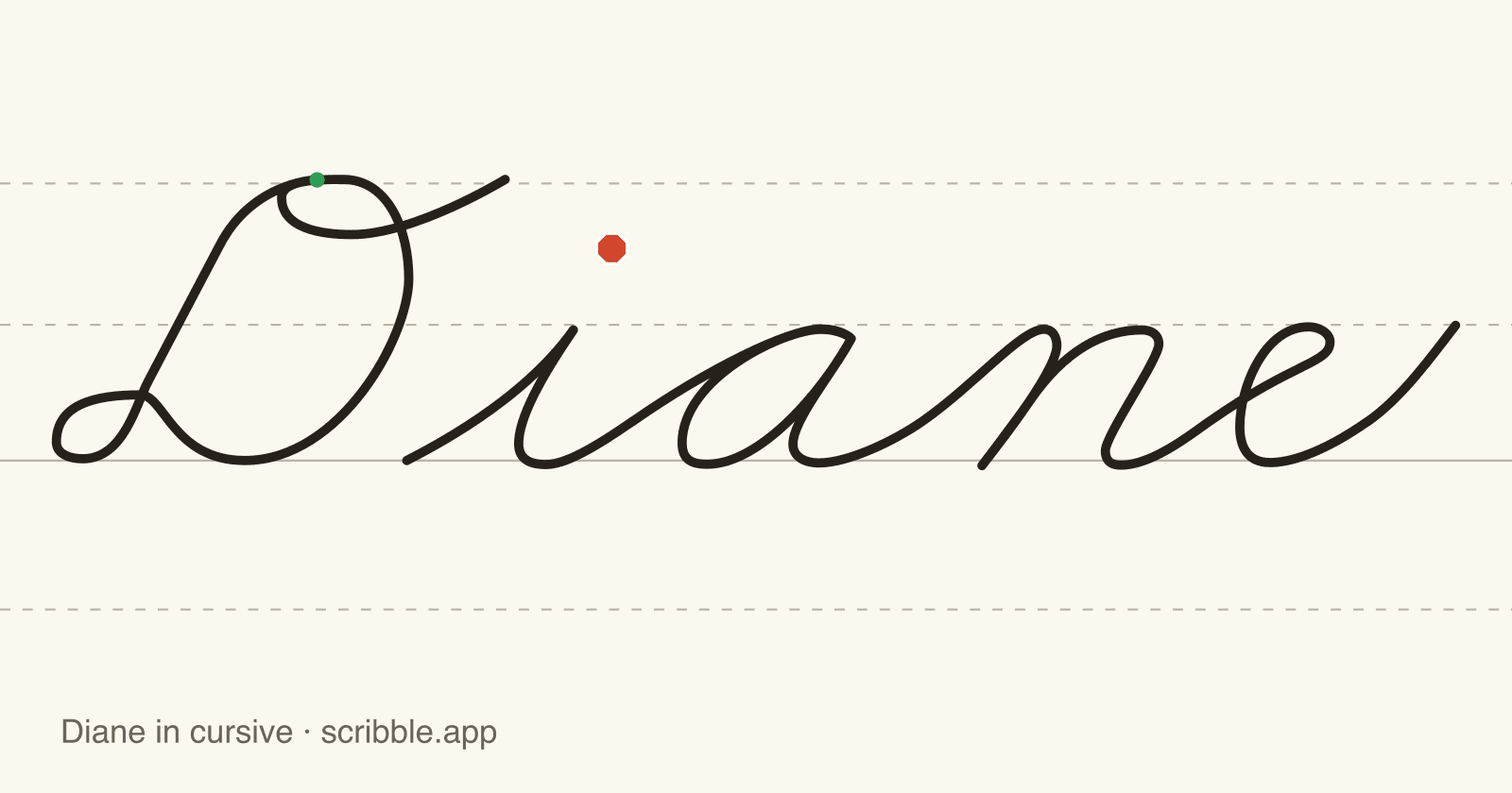 Diane written in cursive on handwriting guidelines, with a green starting dot and a red stop sign