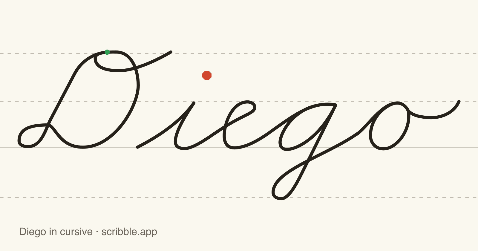 Diego written in cursive on handwriting guidelines, with a green starting dot and a red stop sign
