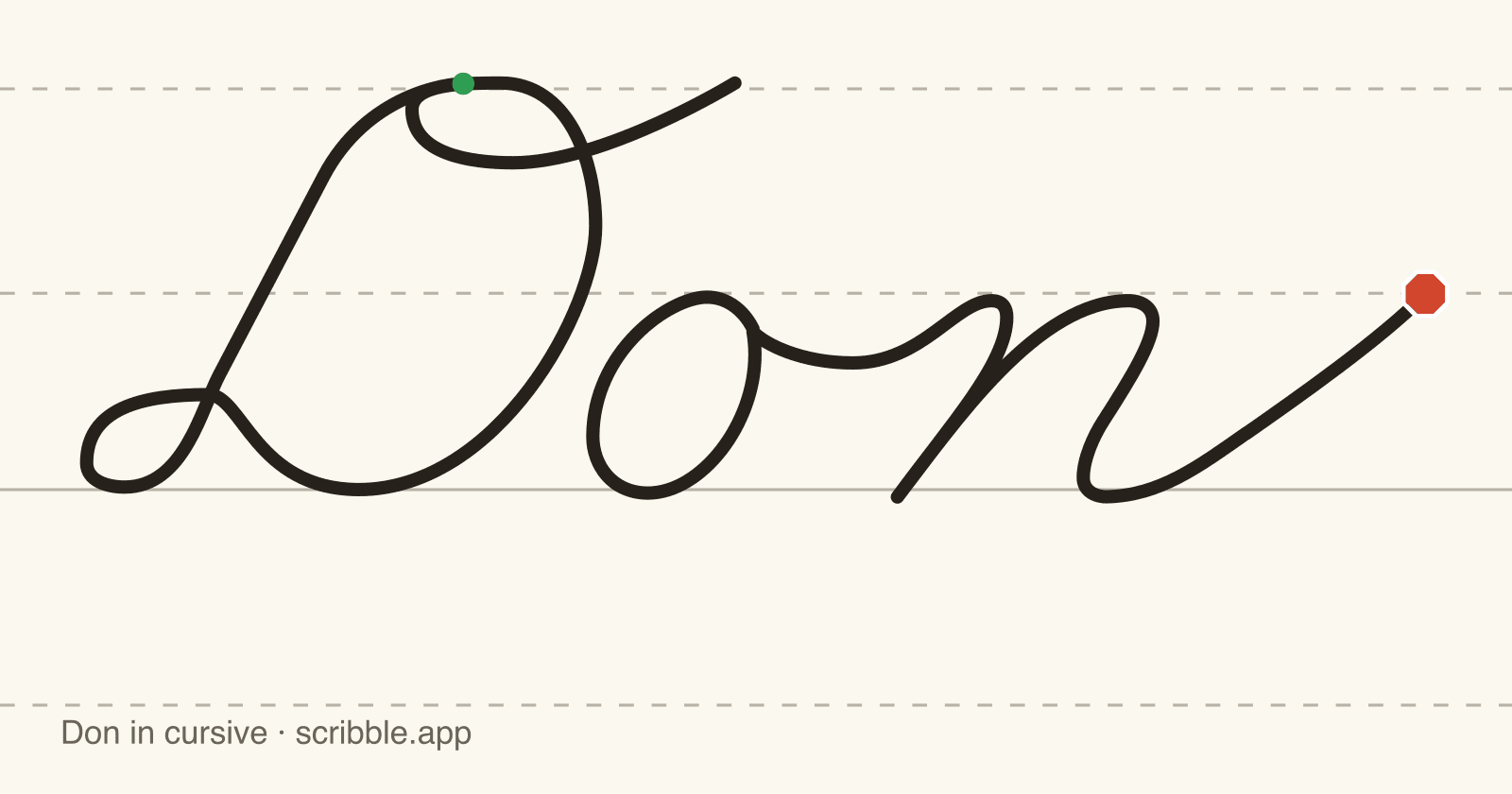 Don written in cursive on handwriting guidelines, with a green starting dot and a red stop sign