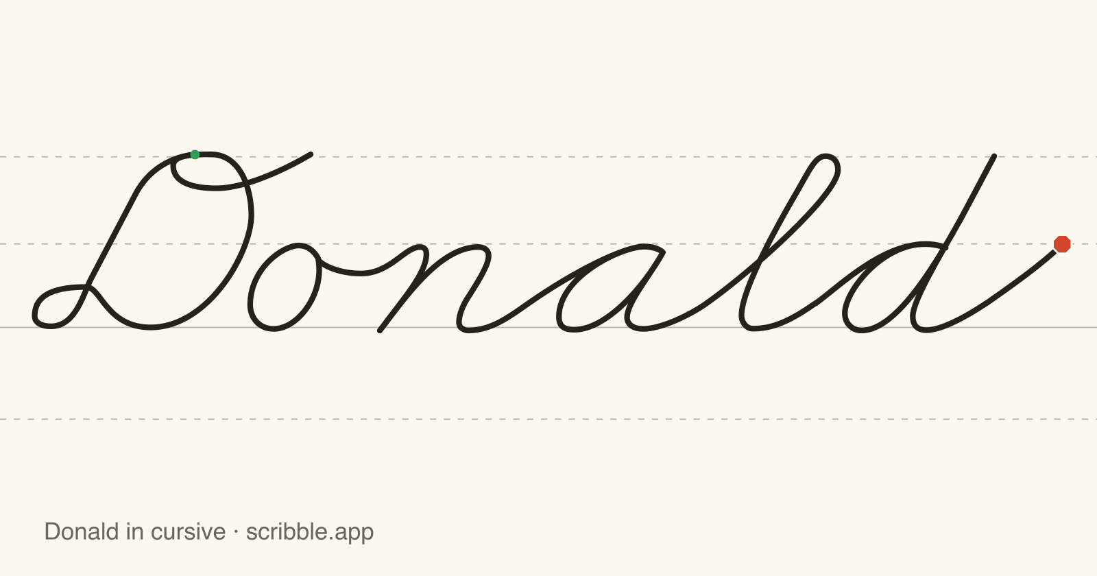 Donald written in cursive on handwriting guidelines, with a green starting dot and a red stop sign