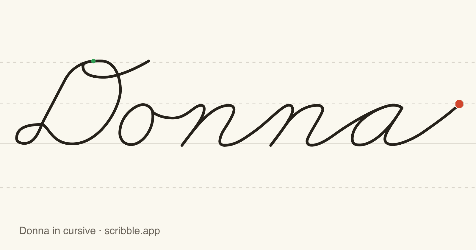 Donna written in cursive on handwriting guidelines, with a green starting dot and a red stop sign