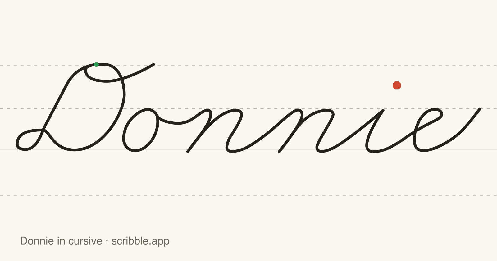 Donnie written in cursive on handwriting guidelines, with a green starting dot and a red stop sign