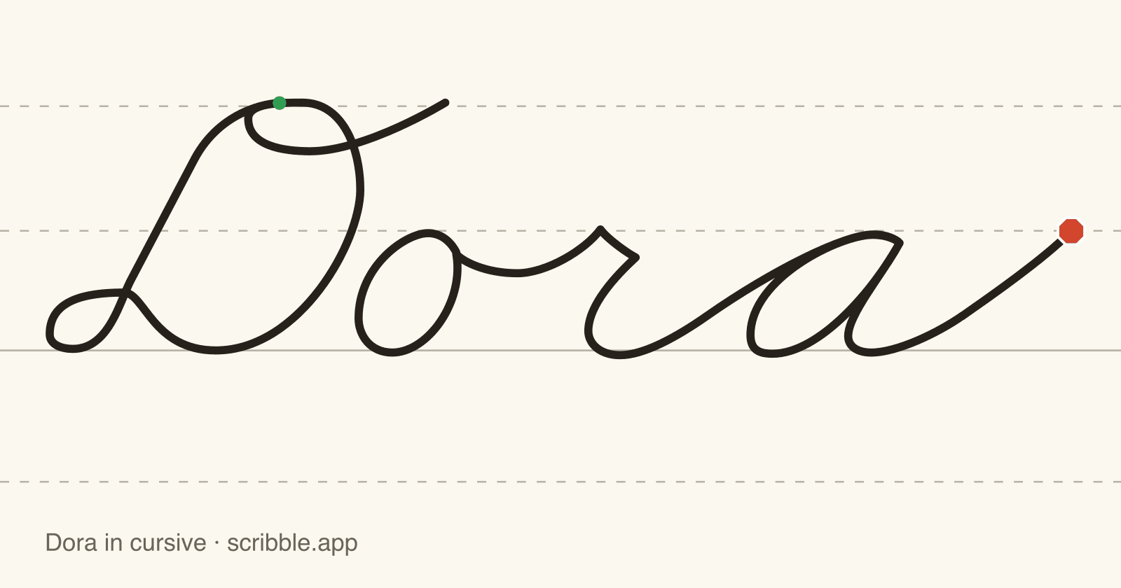 Dora written in cursive on handwriting guidelines, with a green starting dot and a red stop sign
