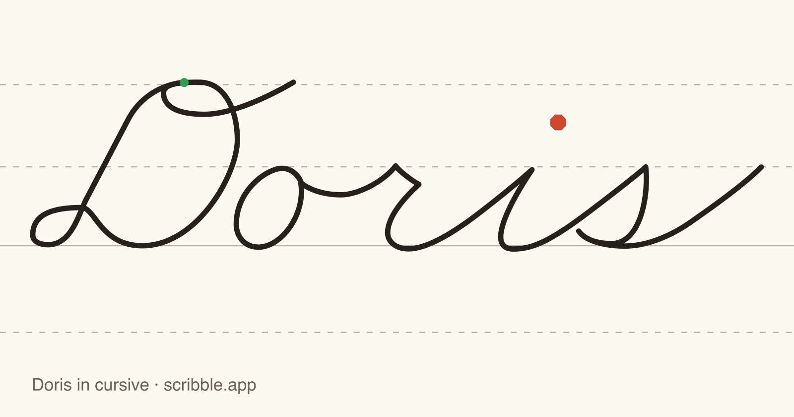 Doris written in cursive on handwriting guidelines, with a green starting dot and a red stop sign