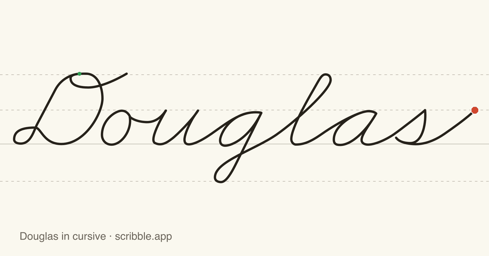 Douglas written in cursive on handwriting guidelines, with a green starting dot and a red stop sign
